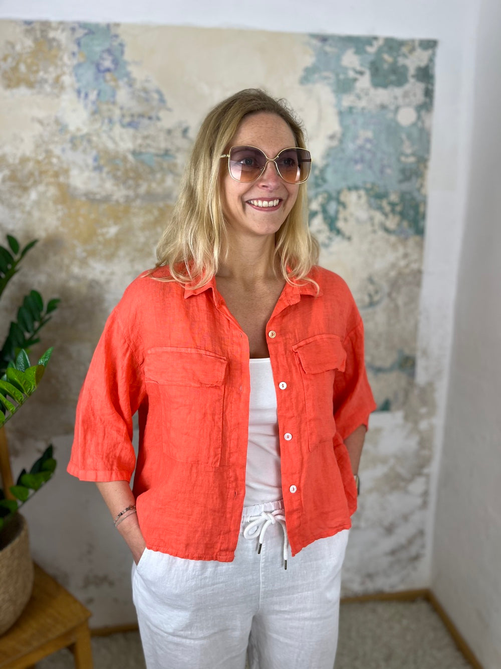Leinenbluse, kurze Form, orange