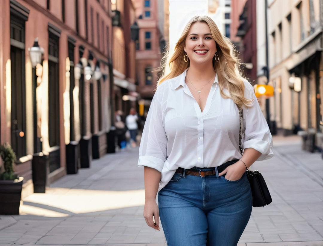 Selbstbewusste Frau in weißer Bluse und Jeans präsentiert moderne Curvy Mode für den Alltag – stilvoll und bequem bei Bella Vita – Mode & Lifestyle.