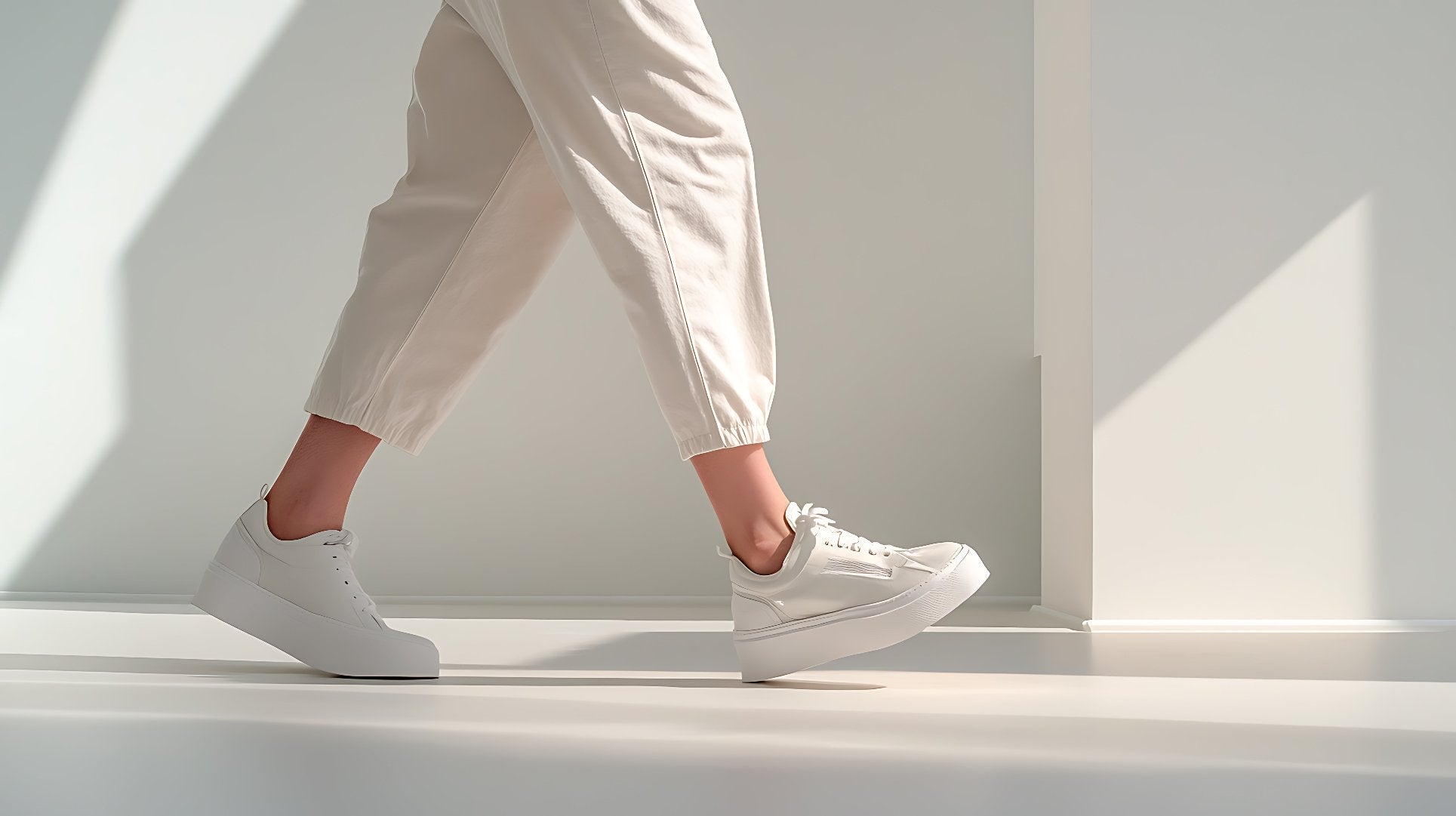 Stylische weiße Plateausneaker an einer Person in hellen Jogpants – moderne und bequeme Sneaker für deinen Alltag bei Bella Vita - Mode & Lifestyle.
