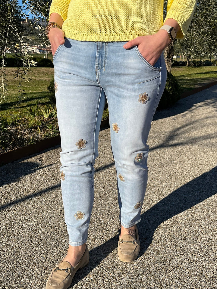 7/8-Jeans mit Glitzerblümchen, blue denim von Bella Vita - Mode &amp; Lifestyle