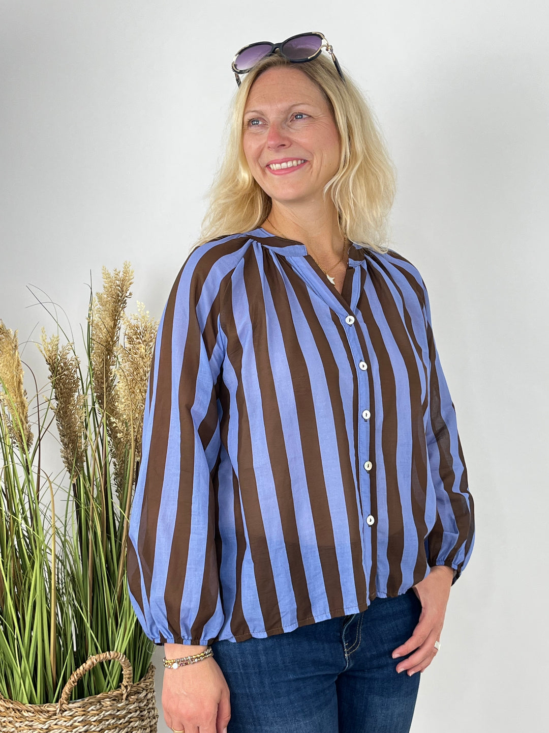 Baumwollbluse Bella Stripes, blau-braun