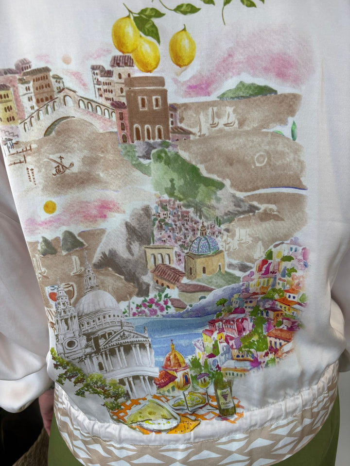 Nahaufnahme Aquarell-Rückenmotiv ecru Blouson mit Wein und Käse