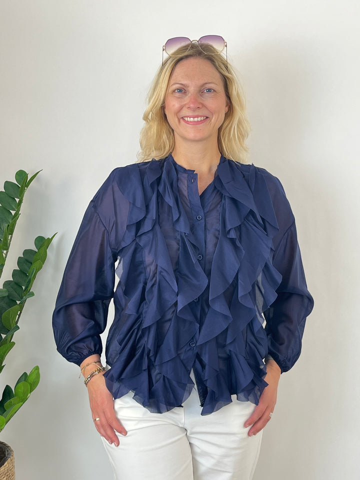 Bluse mit Rüschen, marine