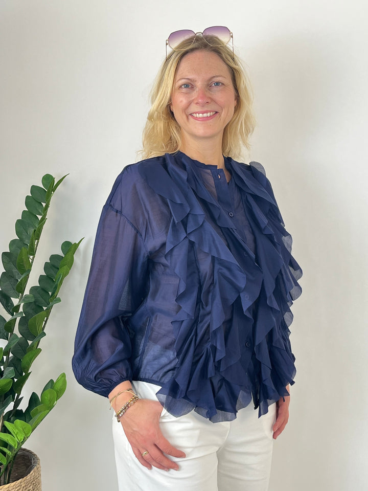 Bluse mit Rüschen, marine