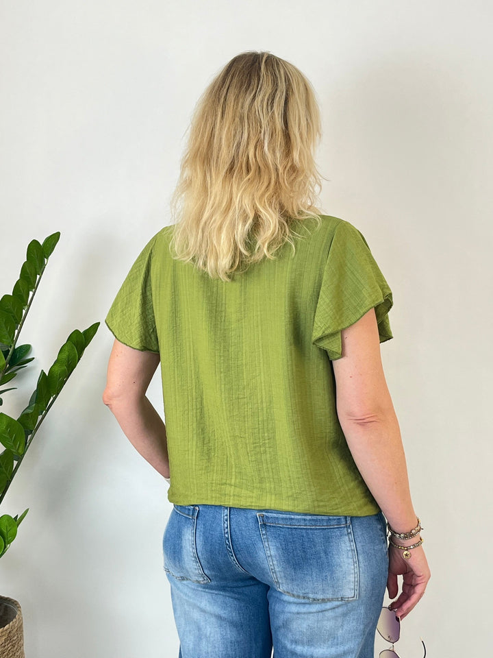 Grüne Viskosebluse mit Volantärmeln und Struktur-Muster Rückansicht