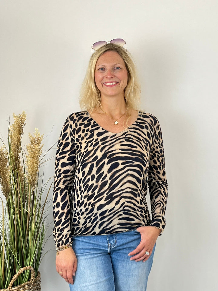 Cashmere Touch Shirt mit Tierprint und V-Ausschnitt, marine