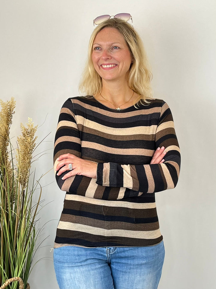 Cashmere-Touch-Shirt mit horizontalen Blockstreifen und Rundhalsausschnitt