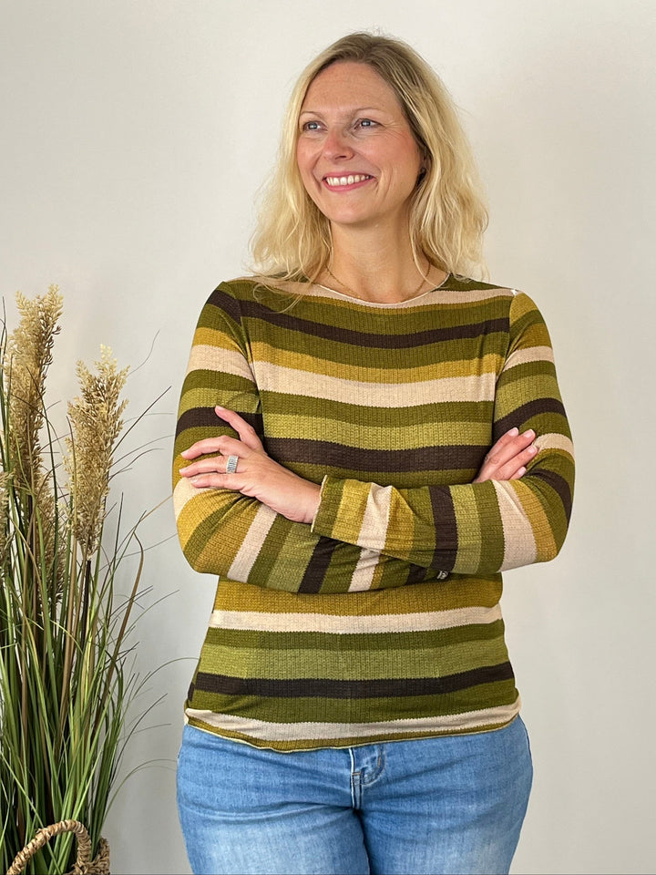 Olivfarbenes Cashmere Touch Shirt mit bunten Blockstreifen und Rundhalsausschnitt