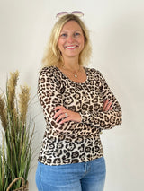 Braunes Cashmere Touch Shirt Leo mit Leopardenmuster und Rundhals