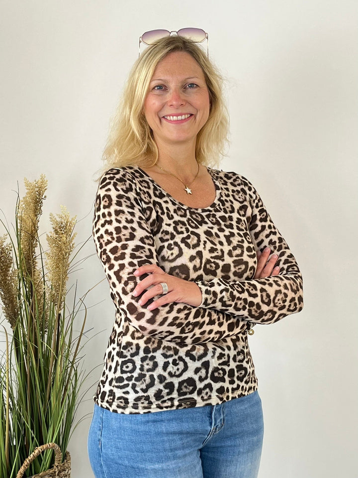 Braunes Cashmere Touch Shirt Leo mit Leopardenmuster und Rundhals