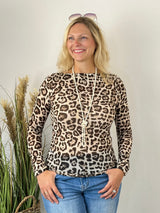 Braunes Cashmere Touch Shirt Leo mit Leoprint und U-Boot-Ausschnitt