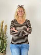 Beiges Cashmere-Touch-Shirt mit dunkelbraun-weißen Streifen und V-Ausschnitt