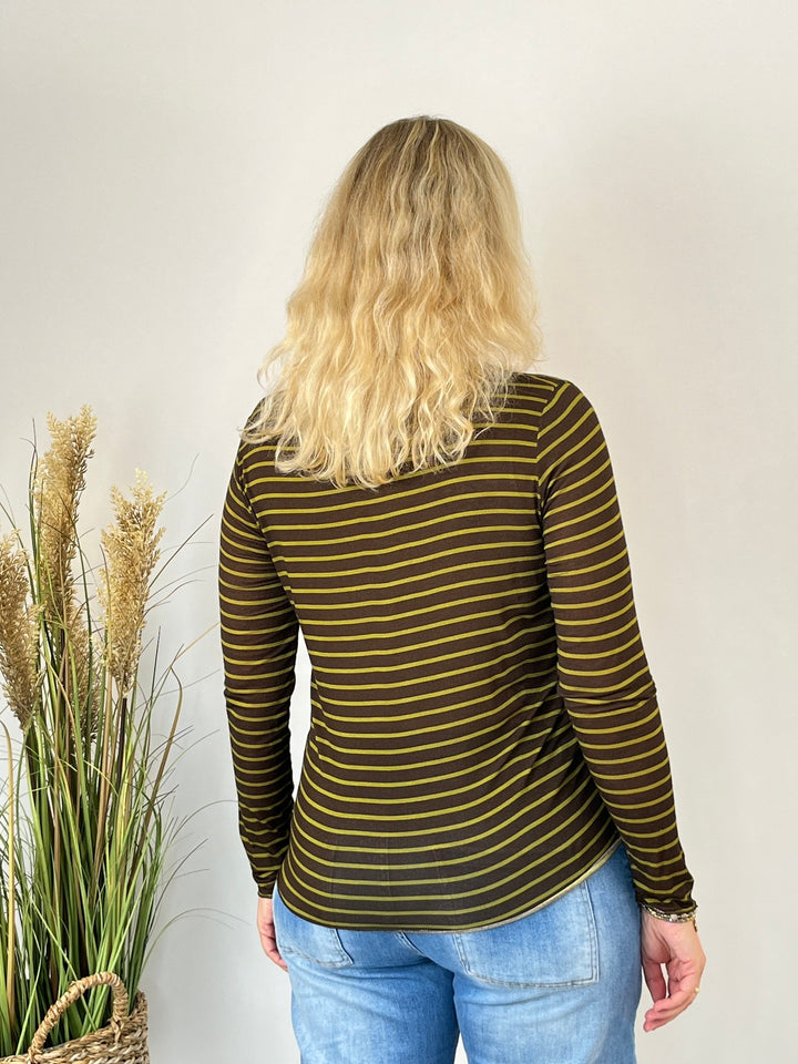 Olivgrau gestreiftes Cashmere Touch Shirt mit V-Ausschnitt und weitem Schnitt