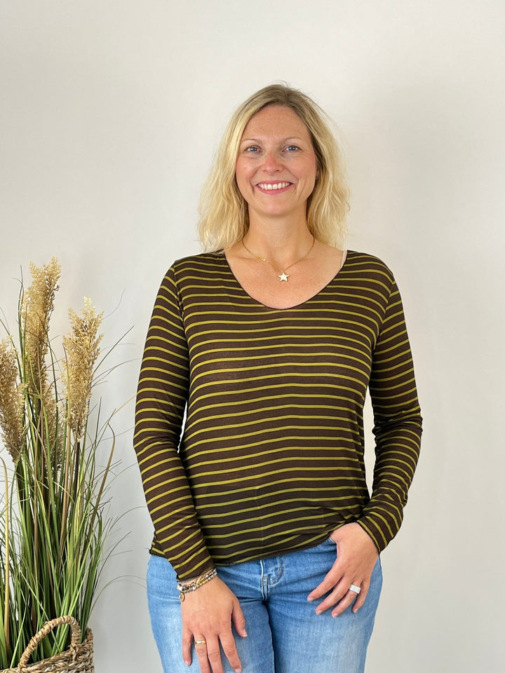Weiches Viskose-Kaschmir Shirt in Oliv mit hellgrünen Streifen