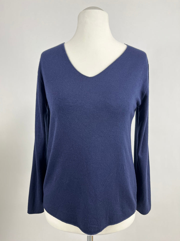 Dunkelblauer gerippter Pullover mit V-Ausschnitt für Damen