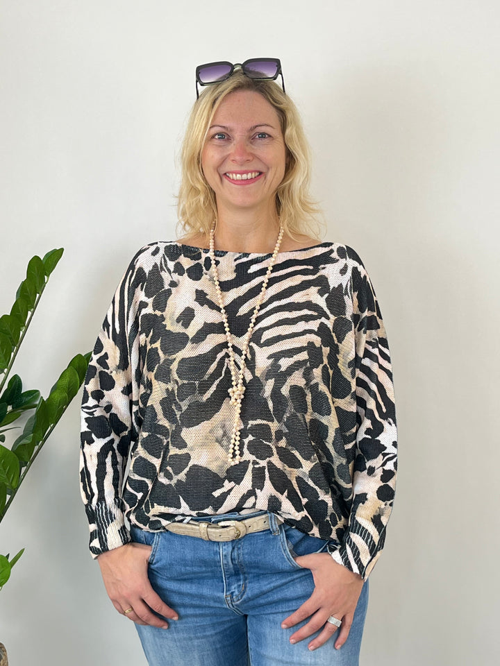Fledermauspullover Animalprint, schwarz-beige von Bella Vita - Mode &amp; Lifestyle