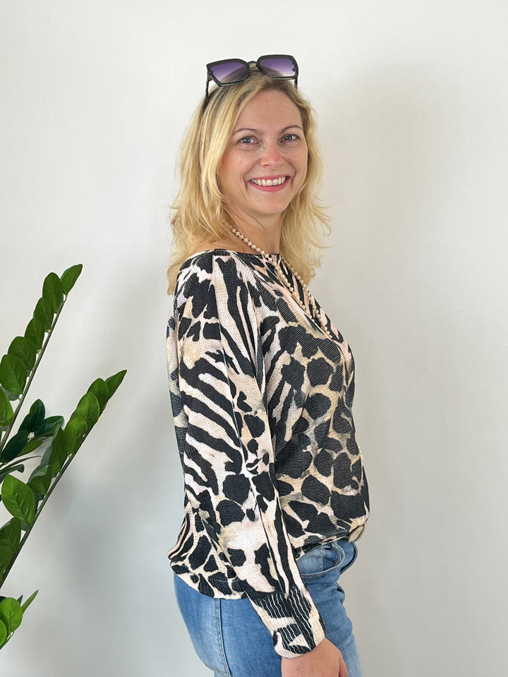 Fledermauspullover Animalprint, schwarz-beige von Bella Vita - Mode &amp; Lifestyle