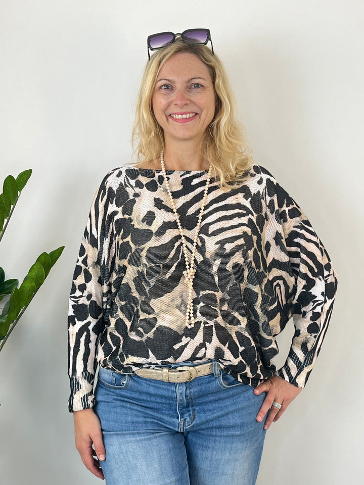Fledermauspullover Animalprint, schwarz-beige von Bella Vita - Mode &amp; Lifestyle