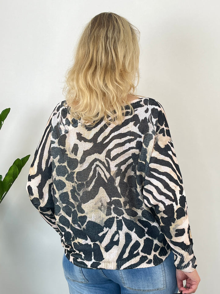 Fledermauspullover Animalprint, schwarz-beige von Bella Vita - Mode &amp; Lifestyle