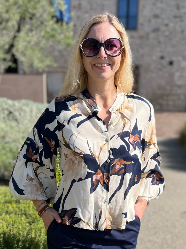 Bluse mit Ballonarm, floral, marine