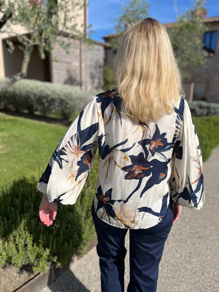 Bluse mit Ballonarm, floral, marine
