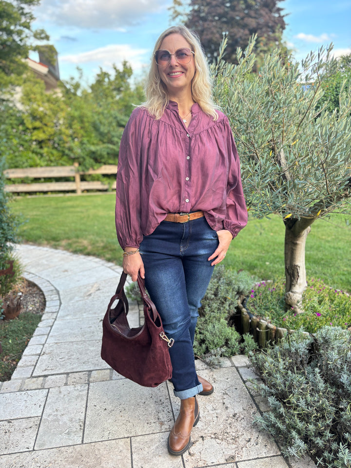 Blusa oversize con collo alto, bordeaux