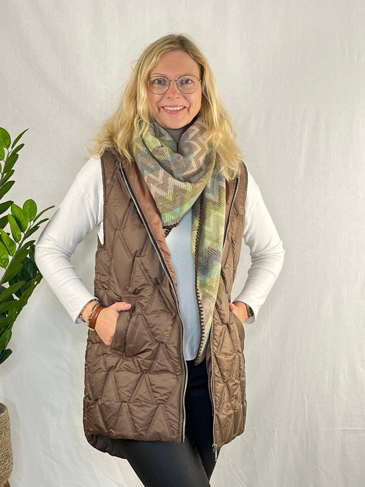 Steppweste in langer Form mit Kapuze, braun