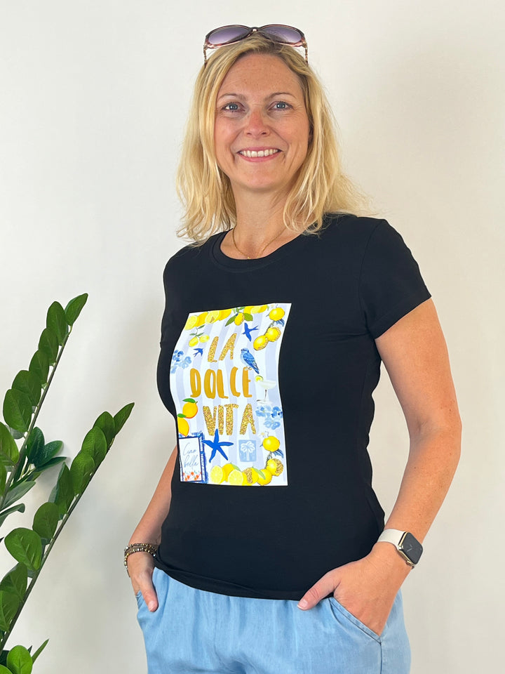 T-Shirt La Dolce Vita, schwarz-bunt