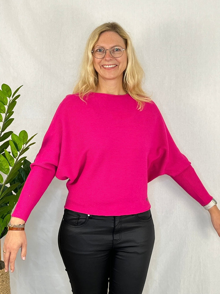 Pullover mit Fledermausarm, Rippenstrick, pink
