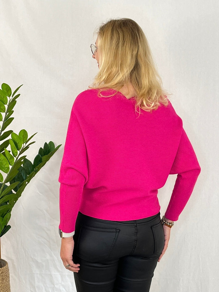 Pullover mit Fledermausarm, Rippenstrick, pink