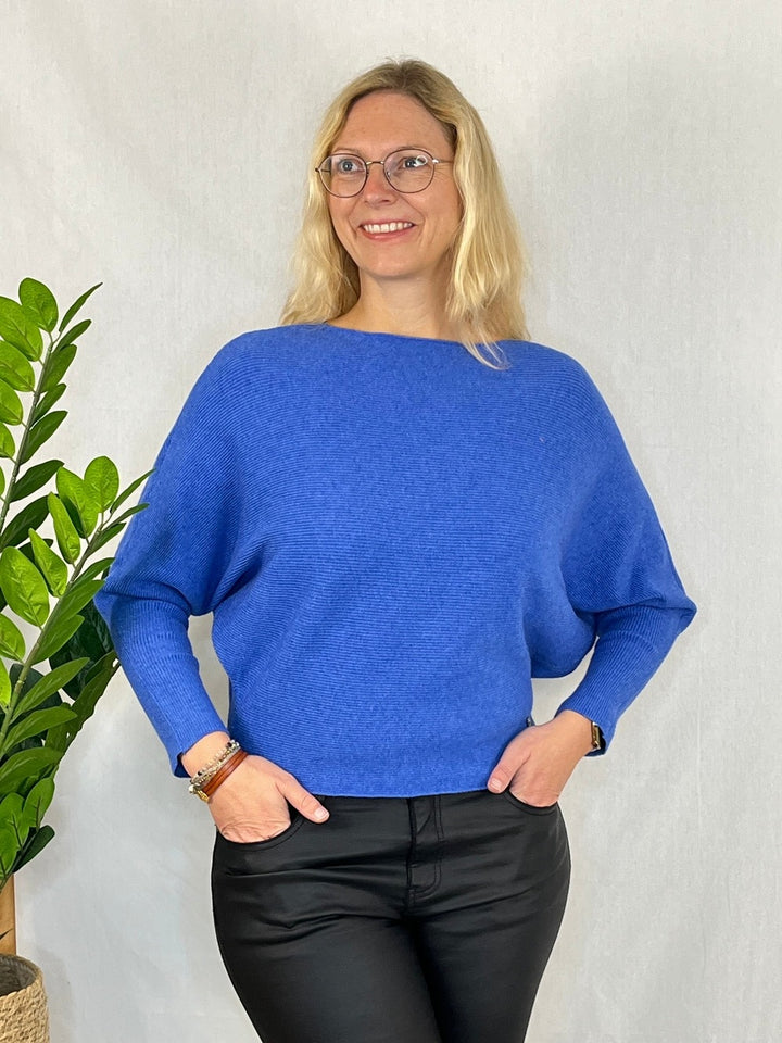 Pullover mit Fledermausarm, Rippenstrick, blau