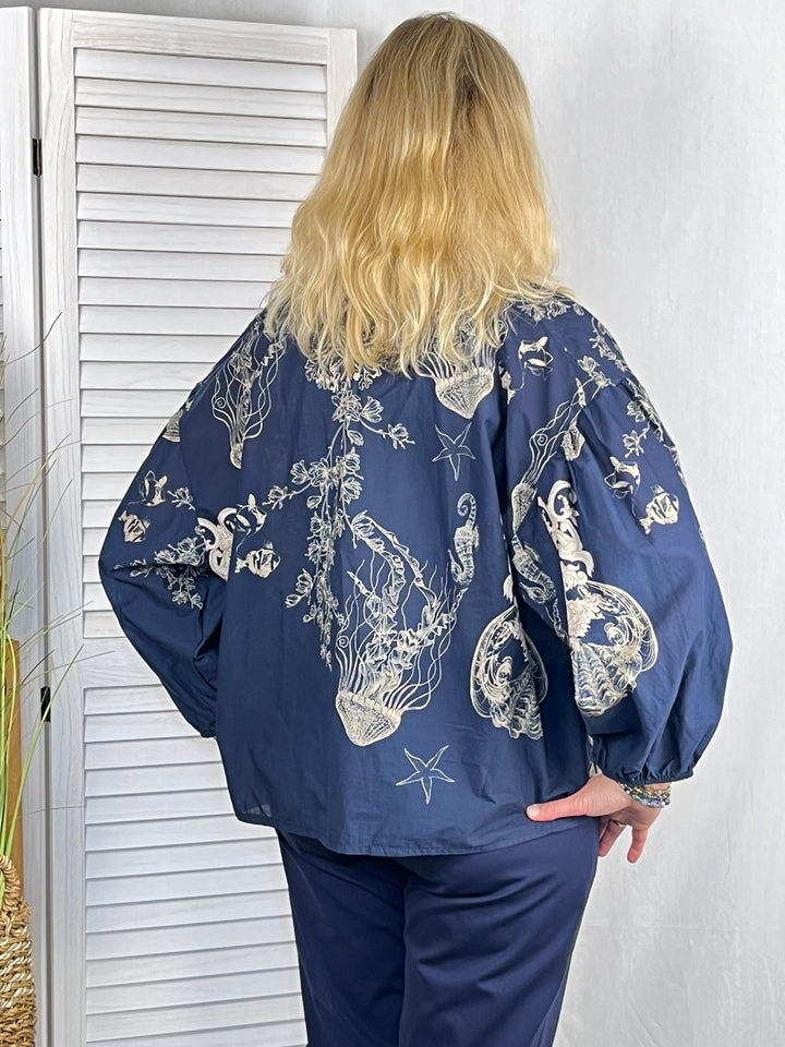 Druckbluse, marine-ecru