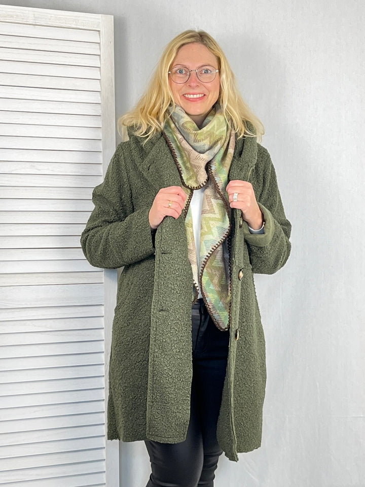 Boucléjacke mit Kapuze, khaki