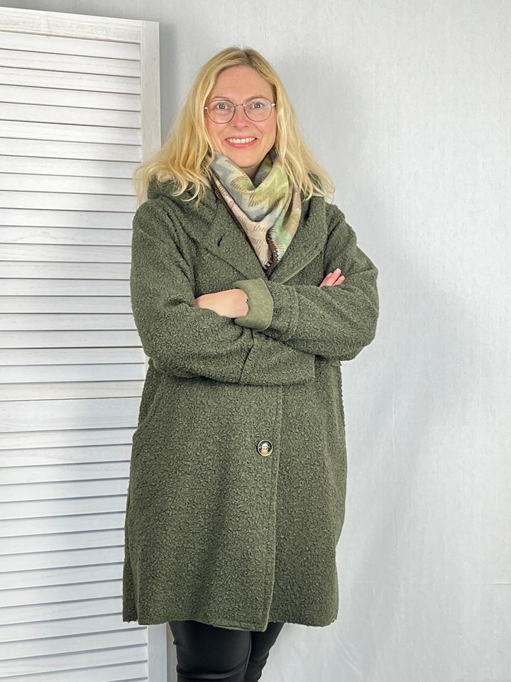 Boucléjacke mit Kapuze, khaki
