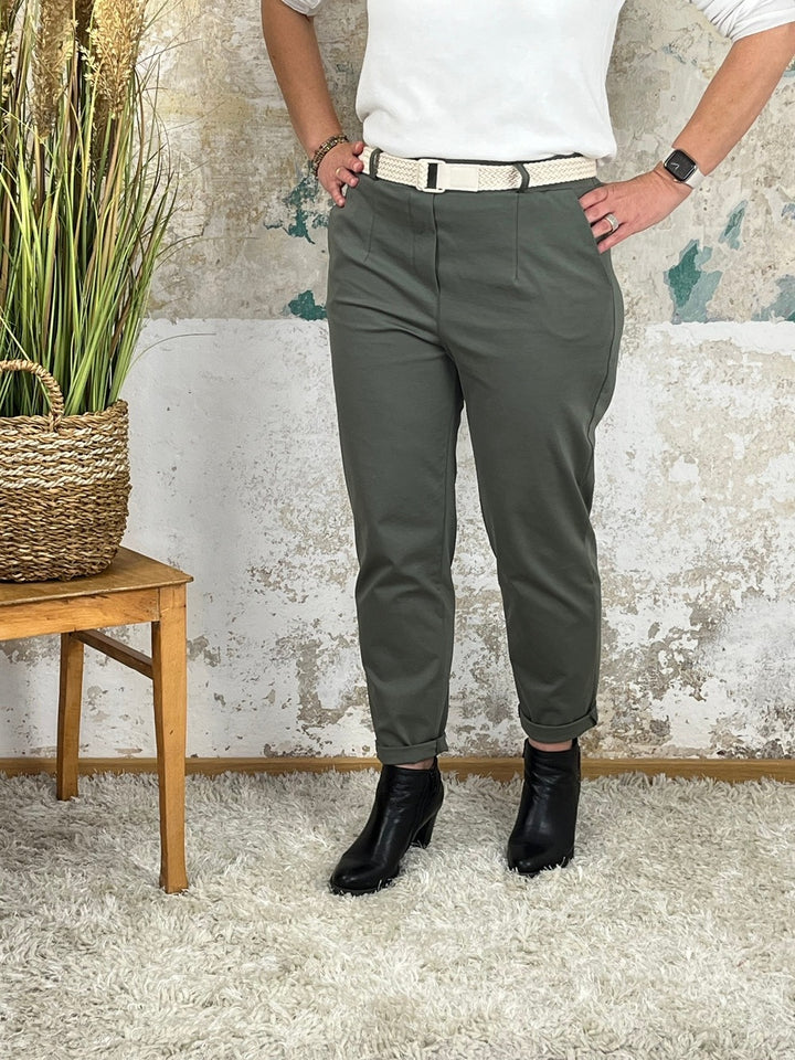 Jerseyhose mit Ziergürtel, khaki