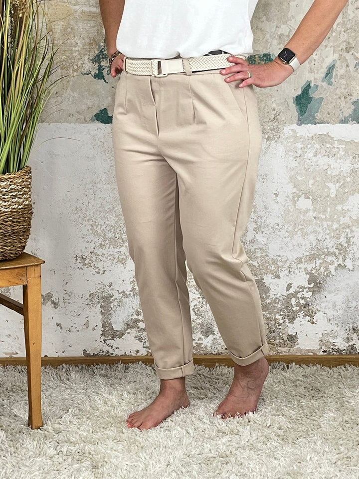 Jerseyhose mit Ziergürtel, beige