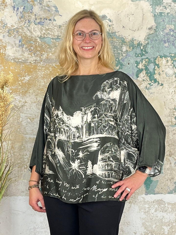 Blusentunika mit Seidenanteil, khaki