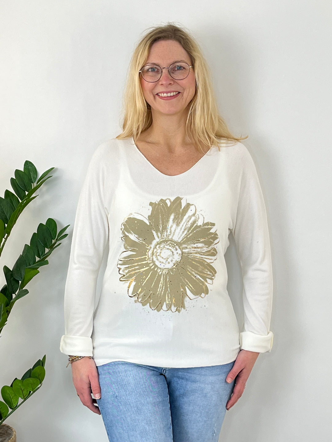 Pullover mit Metallic-Blumenprint, ecru von Bella Vita - Mode & Lifestyle