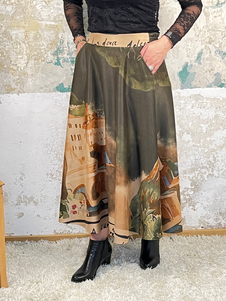 Velourslederimitat-Rock mit Druck, khaki