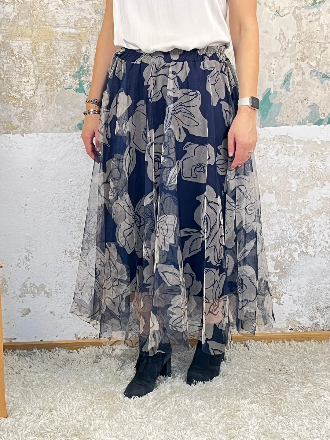 Tüllrock, floral, marine