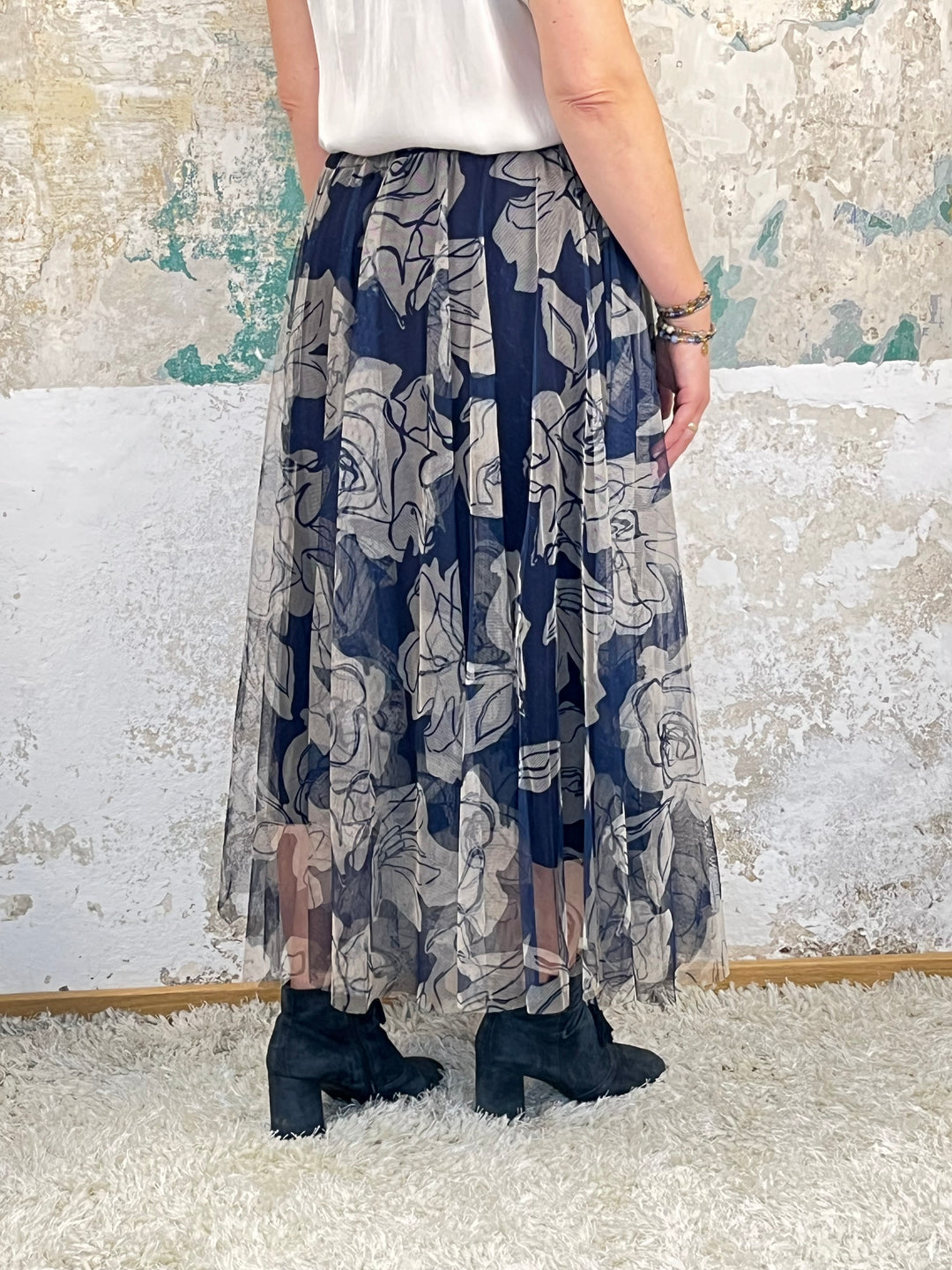 Tüllrock, floral, marine