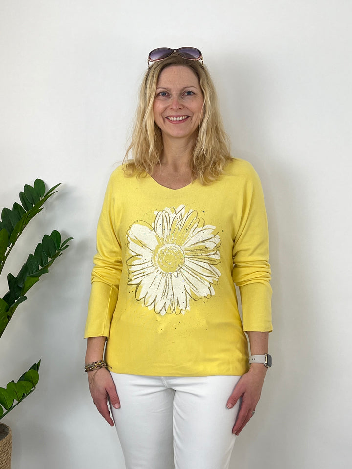 Pullover mit Metallic-Blumenprint, gelb von Bella Vita - Mode &amp; Lifestyle