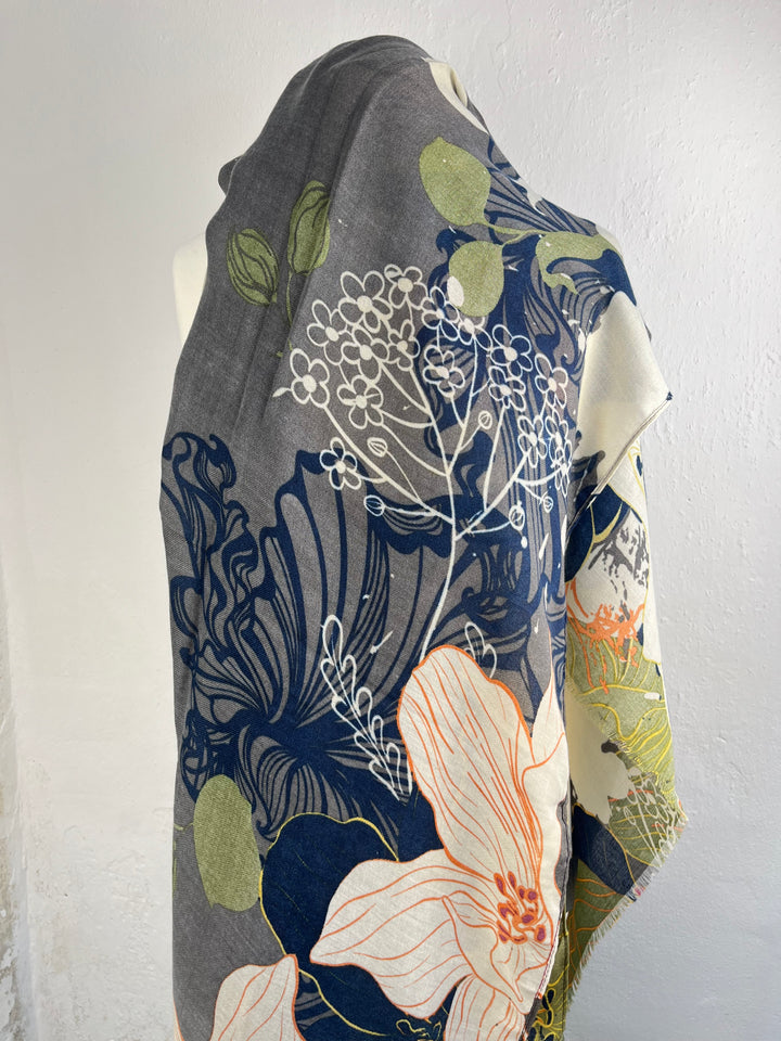 Schal floral, grau