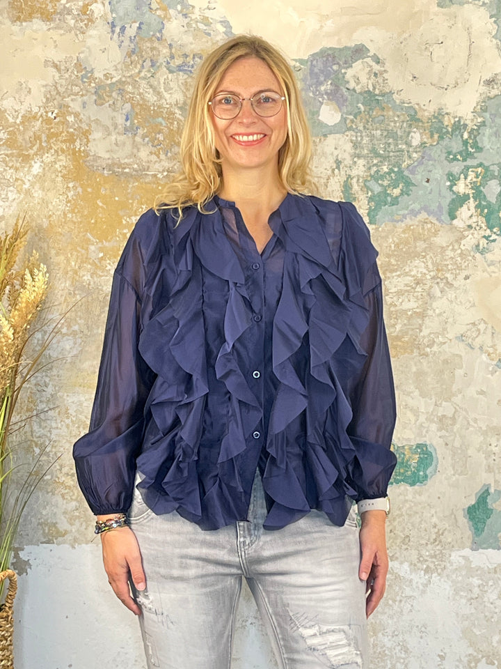 Bluse mit Rüschen, marine