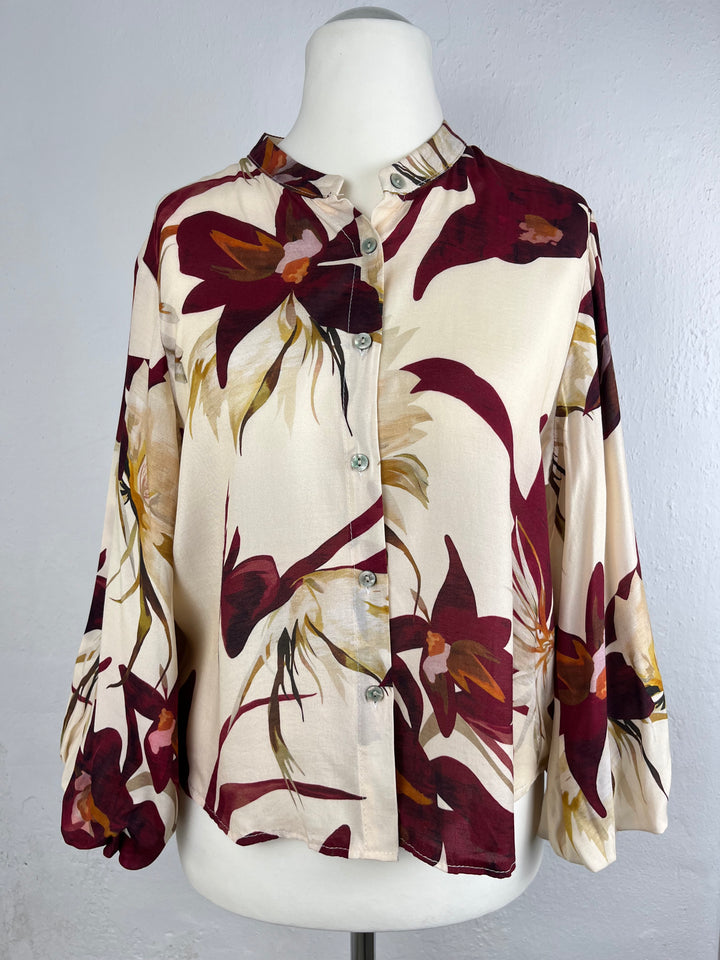 Bluse mit Ballonarm, floral, bordeaux