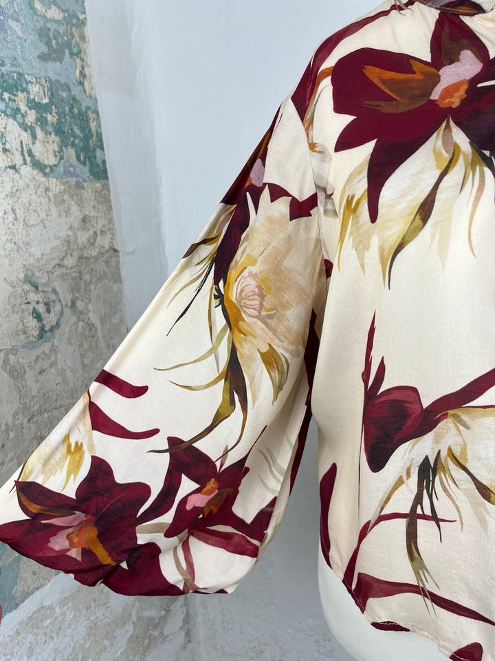 Bluse mit Ballonarm, floral, bordeaux