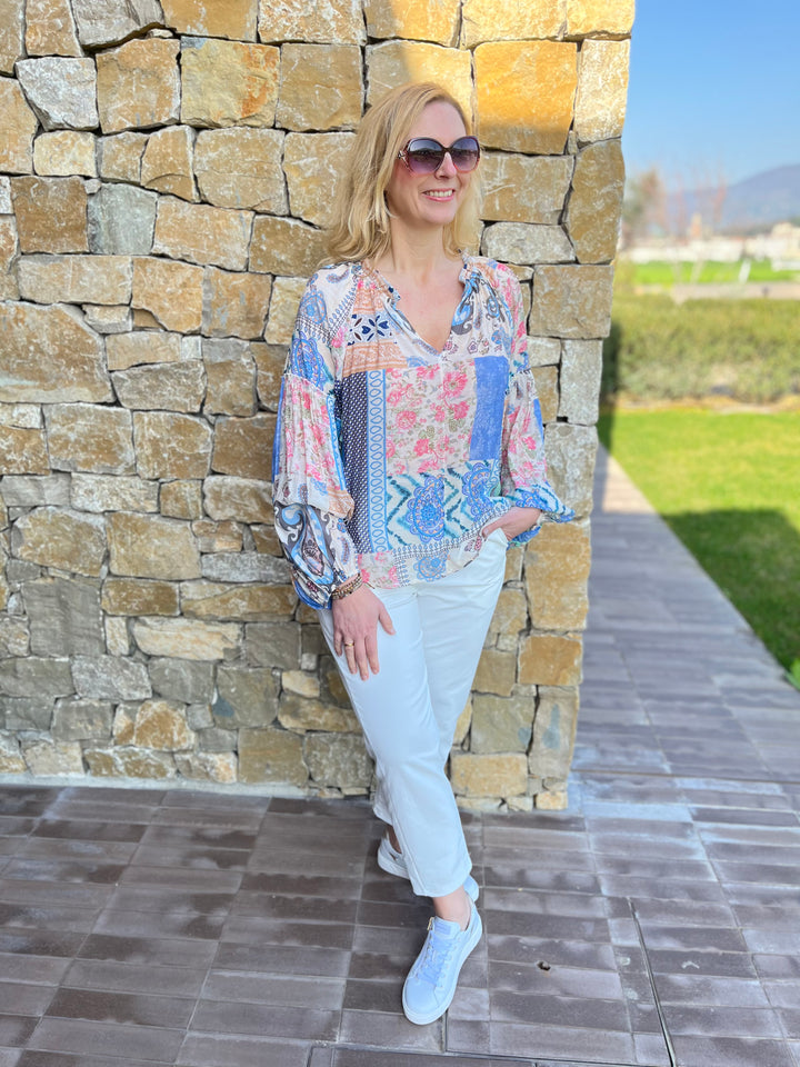 Bluse Patchwork-Print mit Seide, blau-rosé von Bella Vita - Mode &amp; Lifestyle