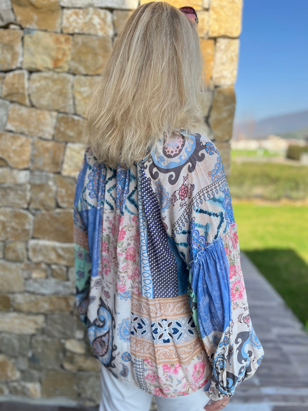 Bluse Patchwork-Print mit Seide, blau-rosé von Bella Vita - Mode &amp; Lifestyle