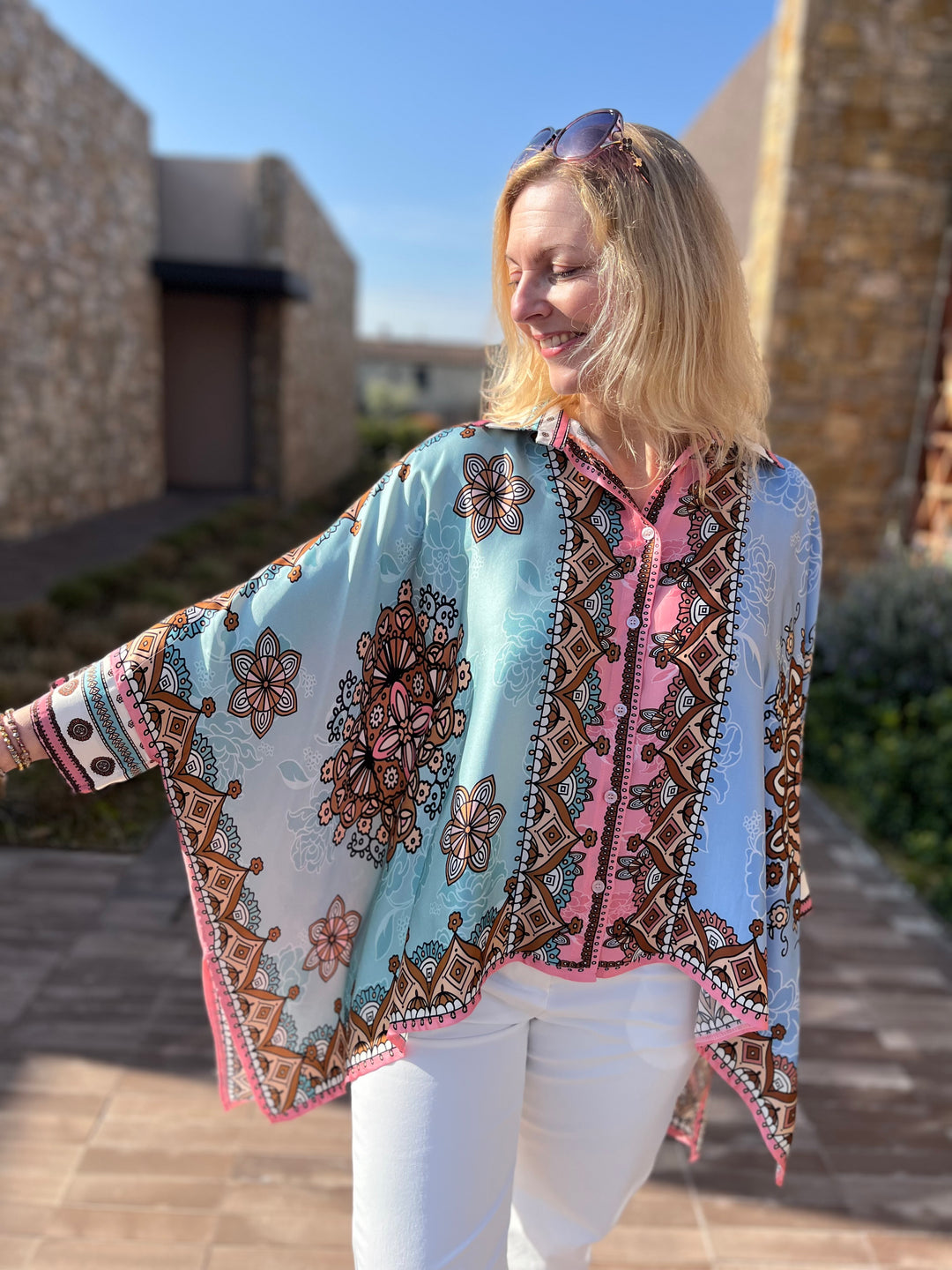 Tunikabluse mit Seide Ornamentprint, rosa-mint von Bella Vita - Mode & Lifestyle