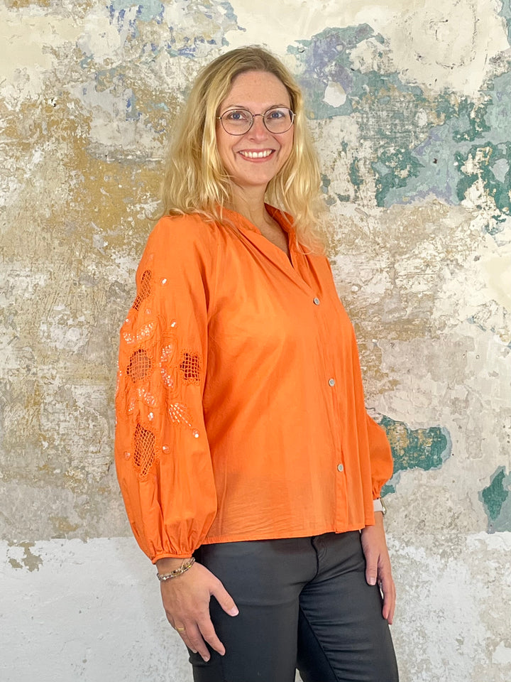 Bluse mit Stickerei, orange